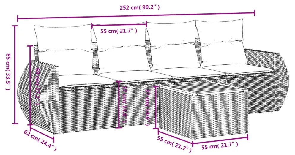 Set divano da giardino 5 pz con cuscini grigio in polyrattan