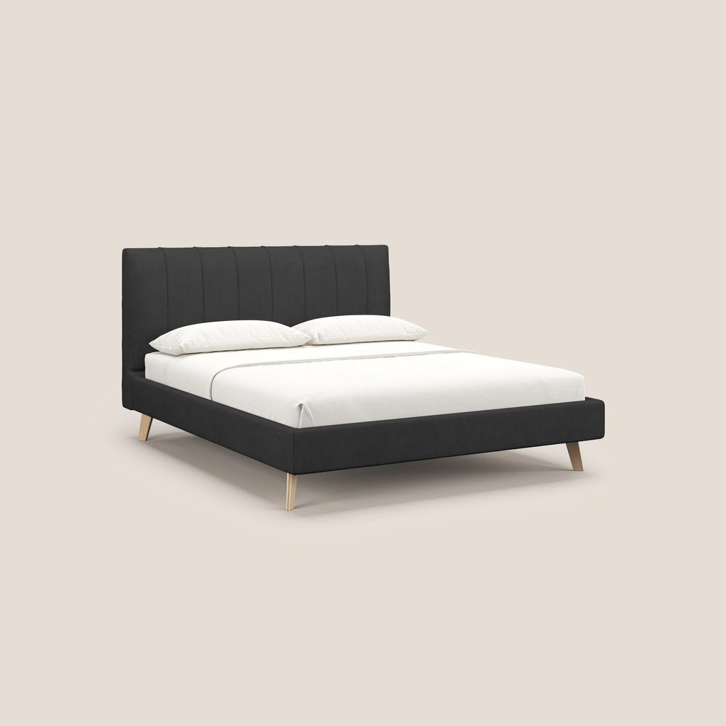 Selene letto imbottito con piedini naturali sfoderabile in tessuto impermeabile T02 nero