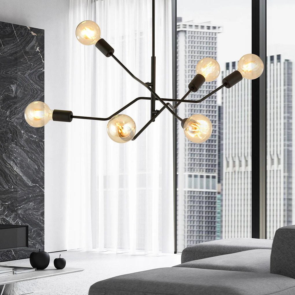 Sospensione Industrial 6 Luci Febe In Acciaio Nero E Bracci Regolabili