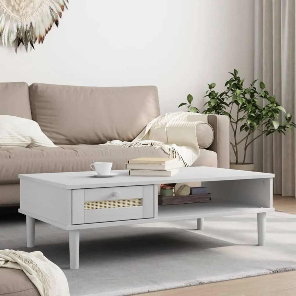 Tavolino Senja Aspetto Rattan Bianco 100x55x33cm Legno Massello /