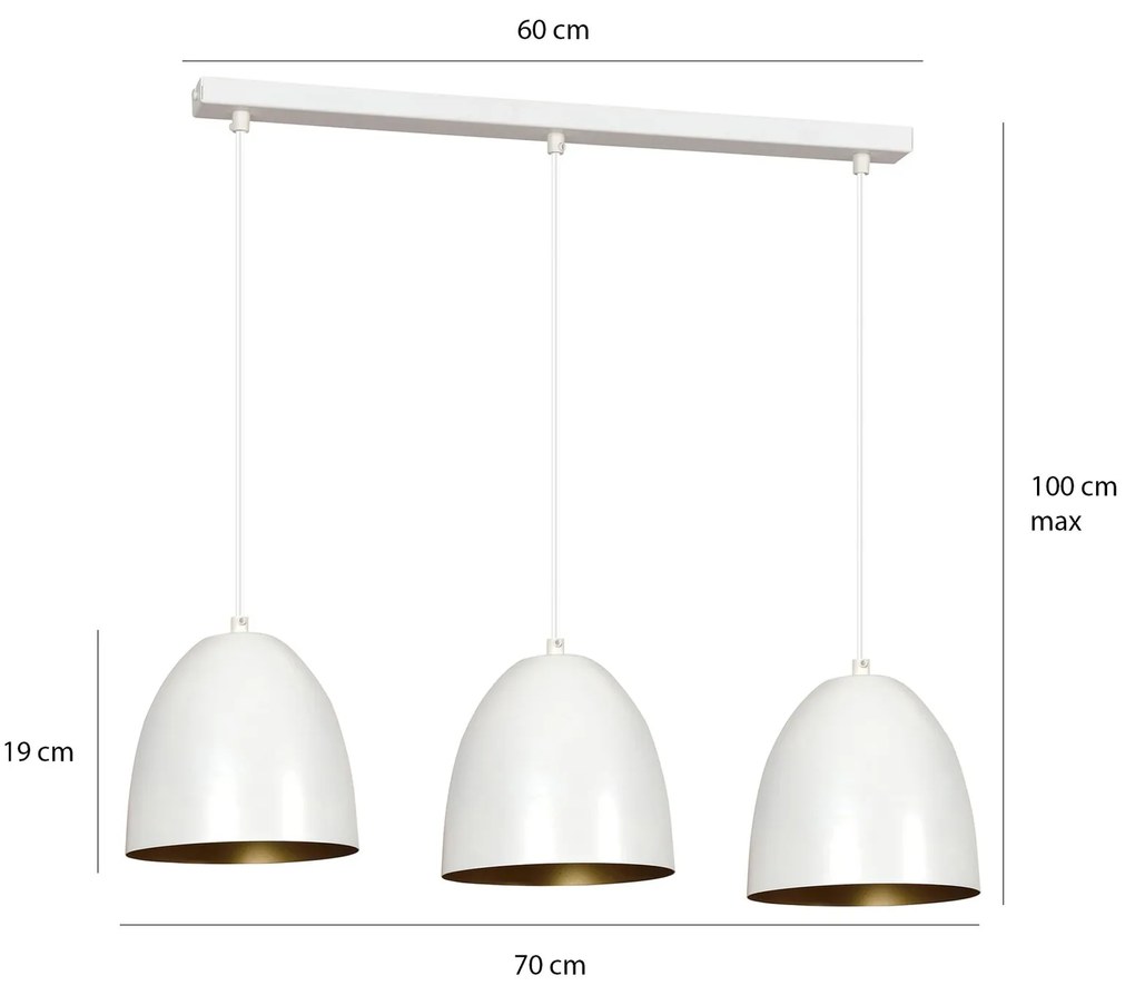 Lampadario 3 Luci Lenox In Acciaio Bianco Con Cupole In Nero E Oro