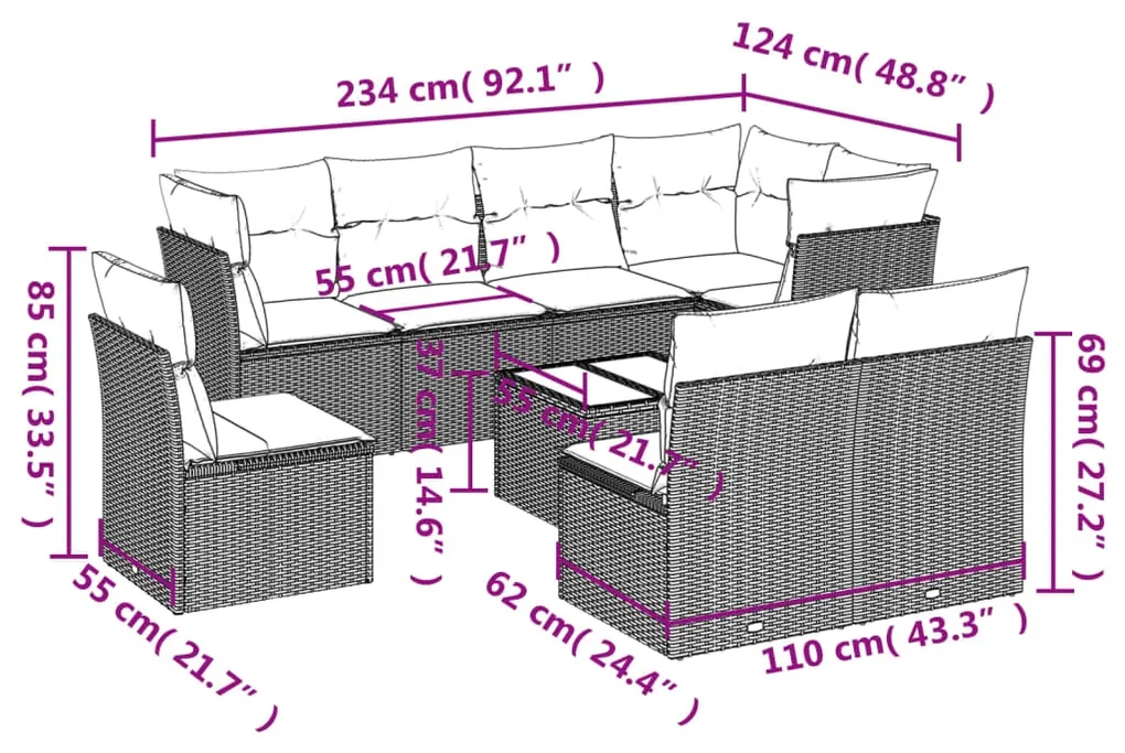 Set divani da giardino 9 pz con cuscini nero in polyrattan