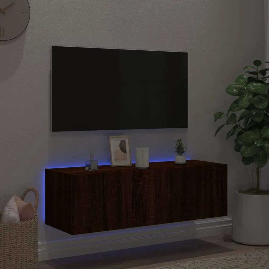 Mobile tv a parete con luci led rovere marrone 100x35x31 cm