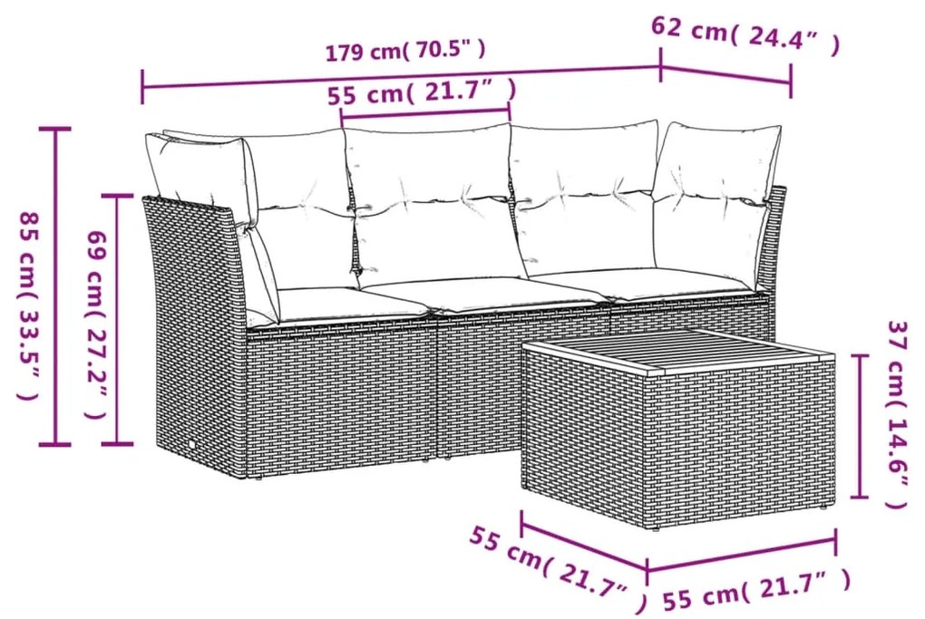 Set divano da giardino 4 pz con cuscini beige in polyrattan