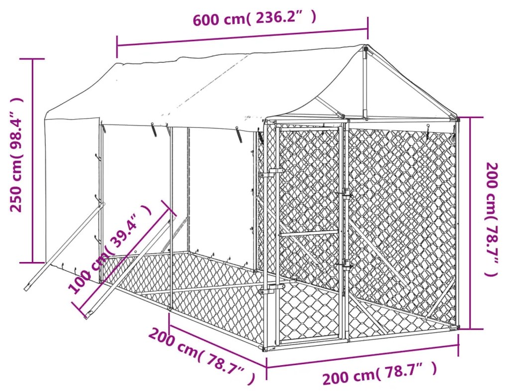 Cuccia cani da esterno tetto argento 2x6x2,5 m acciaio zincato