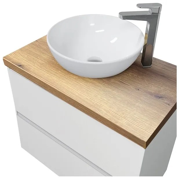 Mobile Bagno Sospeso 80 Cm Con Lavabo E Specchio Bianco Lucido Top Rovere Rio