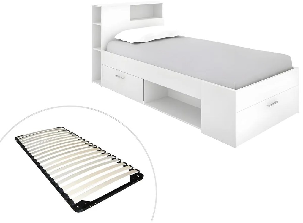 Letto con testata, vani portaoggetti e cassetto 90 x 190 cm Bianco + Rete - LEANDRE