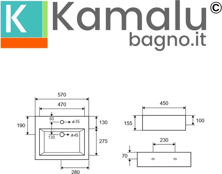 Lavabo bagno design sospeso 57cm in ceramica bianca | Litos-557 - KAMALU