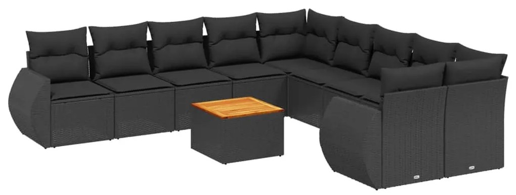 Set divani da giardino 11 pz con cuscini in polyrattan nero