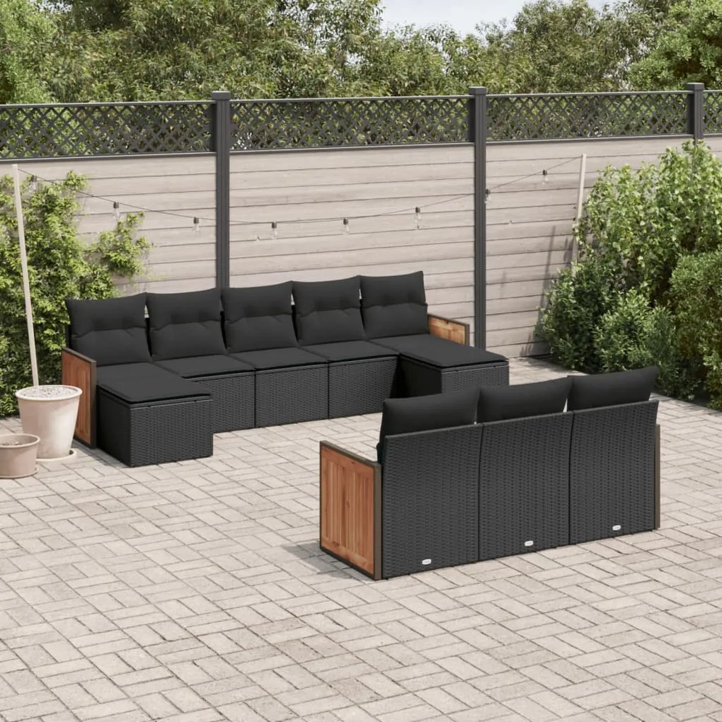 Set divani da giardino 10pz con cuscini in polyrattan nero