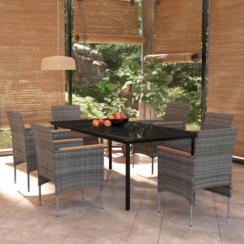 Set da pranzo da giardino 7 pz con cuscini grigio e nero