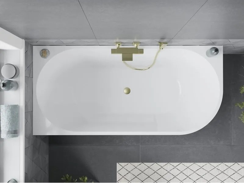 Mexen Mia vasca da bagno freestanding angolare sinistra 160 x 75 cm, bianca, troppopieno dorato spazzolato - 52691607500L-55