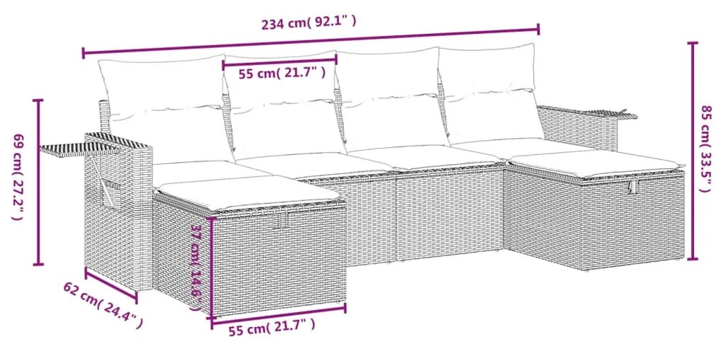 Set divano da giardino 6 pz con cuscini beige misto polyrattan