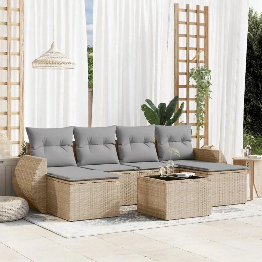 Set divani da giardino 7 pz con cuscini beige in polyrattan