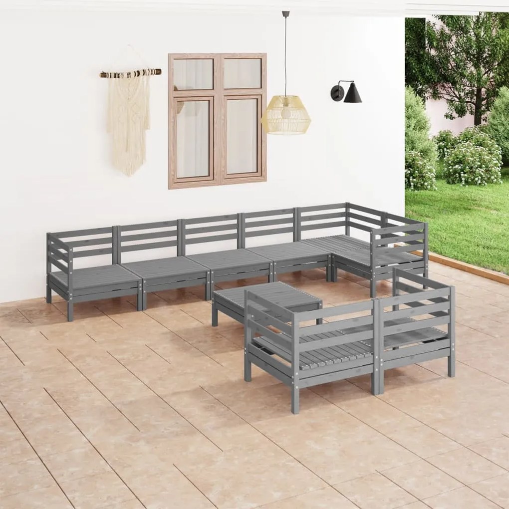 Set salotto da giardino 9 pz in legno massello di pino grigio