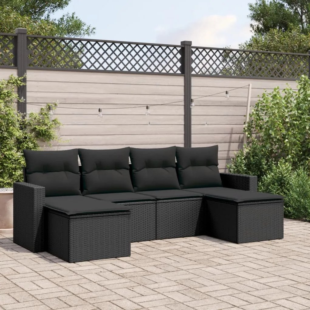 Set divano da giardino 6 pz con cuscini nero in polyrattan