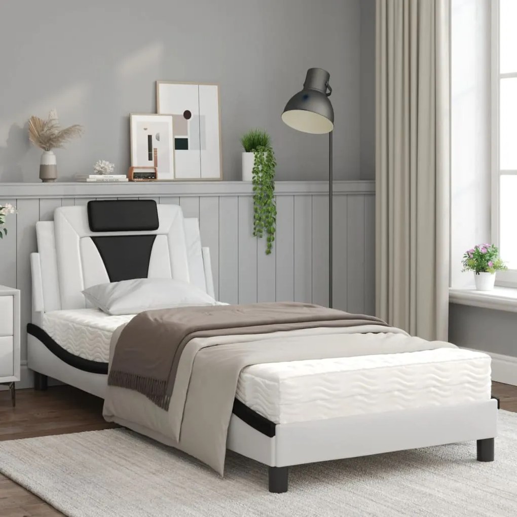 Letto con materasso bianco e nero 90x190 cm in similpelle
