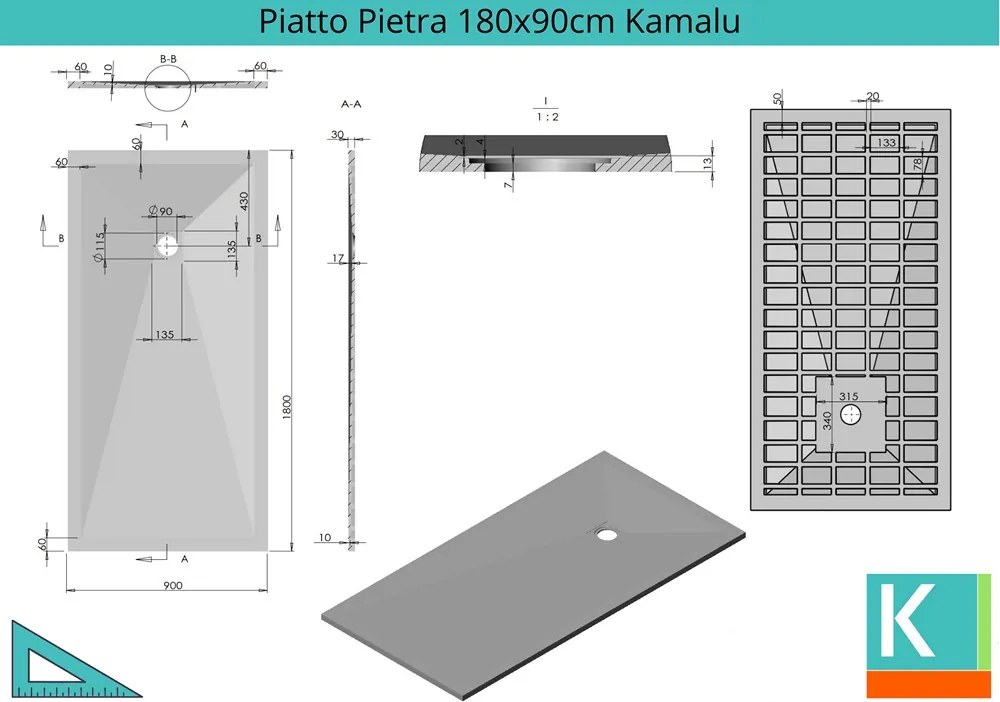 Piatto doccia effetto pietra 180x90 colore nero ardesia - KAMALU