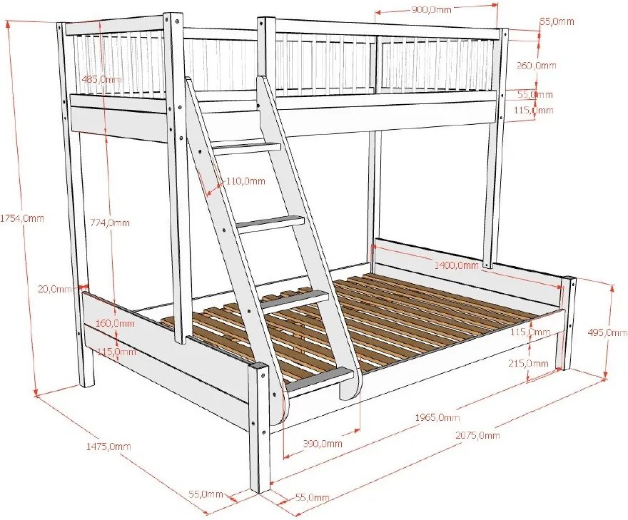 Letto da bambini a castello bianco in faggio massiccio con rete inclusa 140x200/90x200 cm Forrest – Vipack