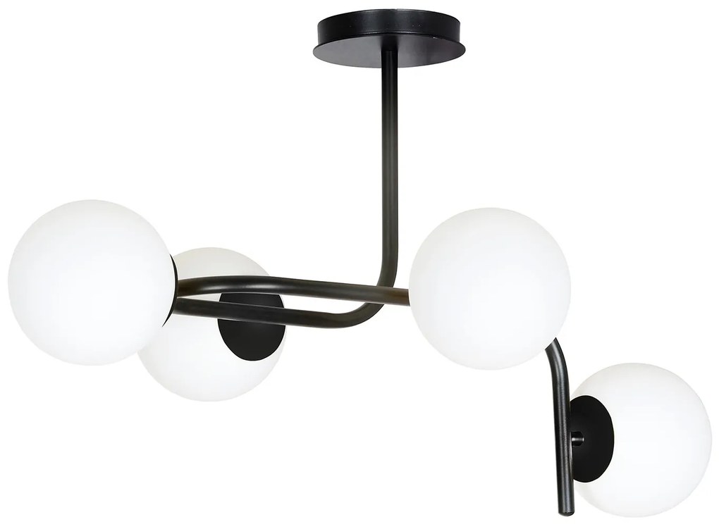 Lampadario 4 Luci Rama In Acciaio Nero A Bracci Curvi E Sfere In Vetro Opalino