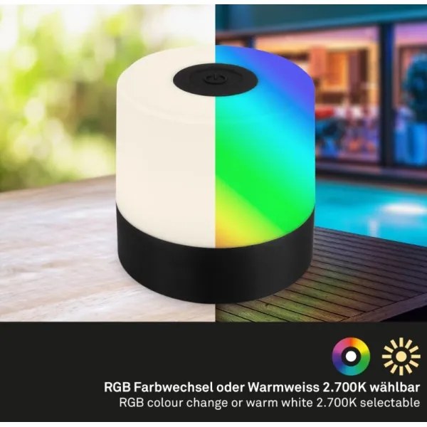 Briloner 7462015 - Lampada da tavolo LED RGB ricaricabile 1,5W 5V IP44 nera