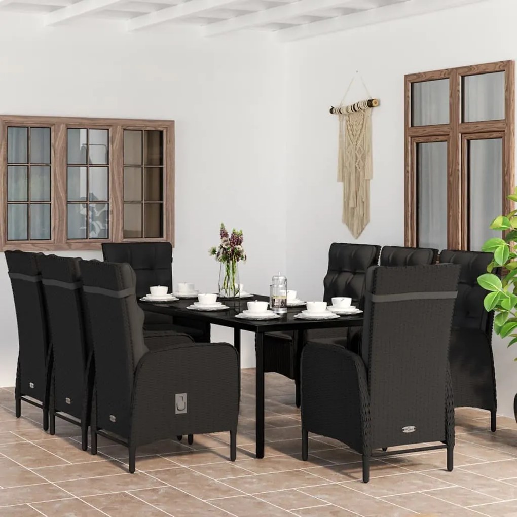 Set da pranzo per giardino 9 pz con cuscini nero