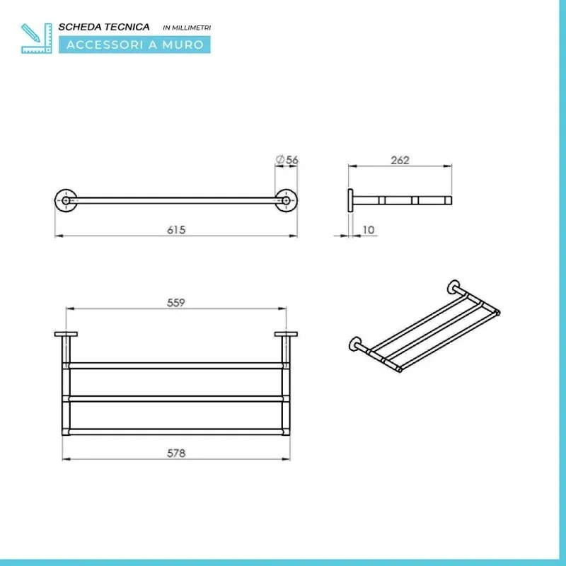 Mensola a muro portasciugamani con 3 bracci Gedy serie Felce in acciaio inox cromato