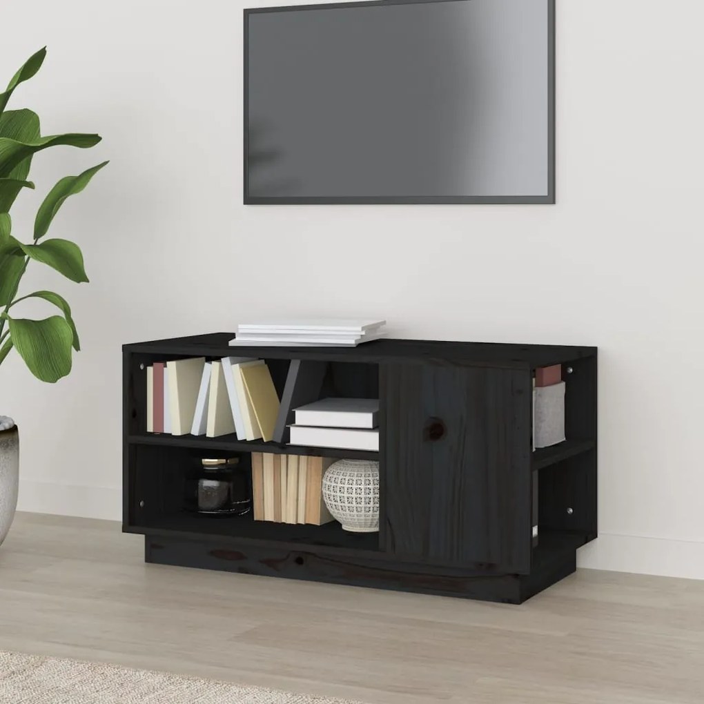 Mobile Porta Tv Nera 80x35x40,5 Cm İn Legno Massello Di Pino /