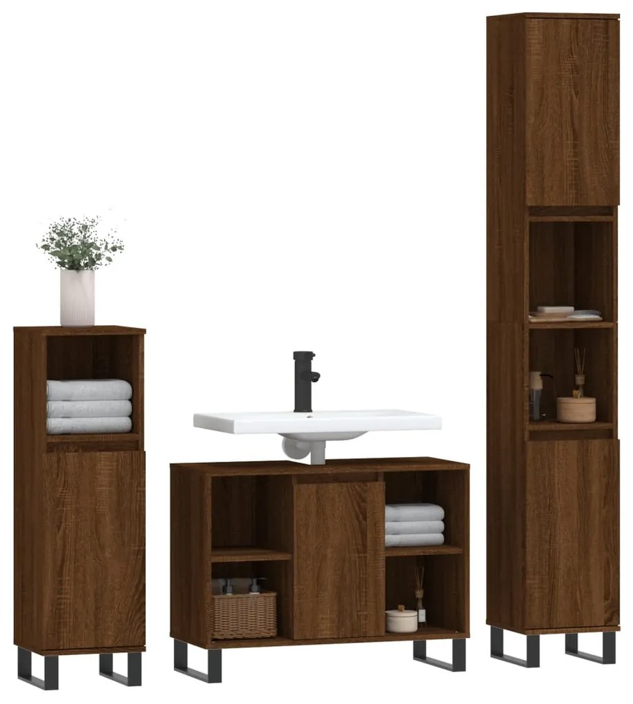 Set mobili da bagno 3 pz rovere marrone in legno multistrato