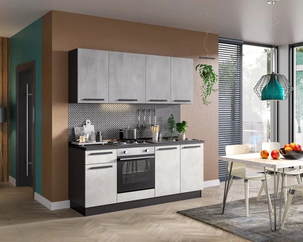 Cucina montata Dora bianco e grigio chiaro, lavello a sinistra, L 195 cm, completa di: cappa a incasso, piano cottura a gas e forno