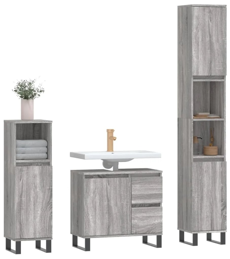 Set mobili da bagno 3 pz grigio sonoma in legno multistrato