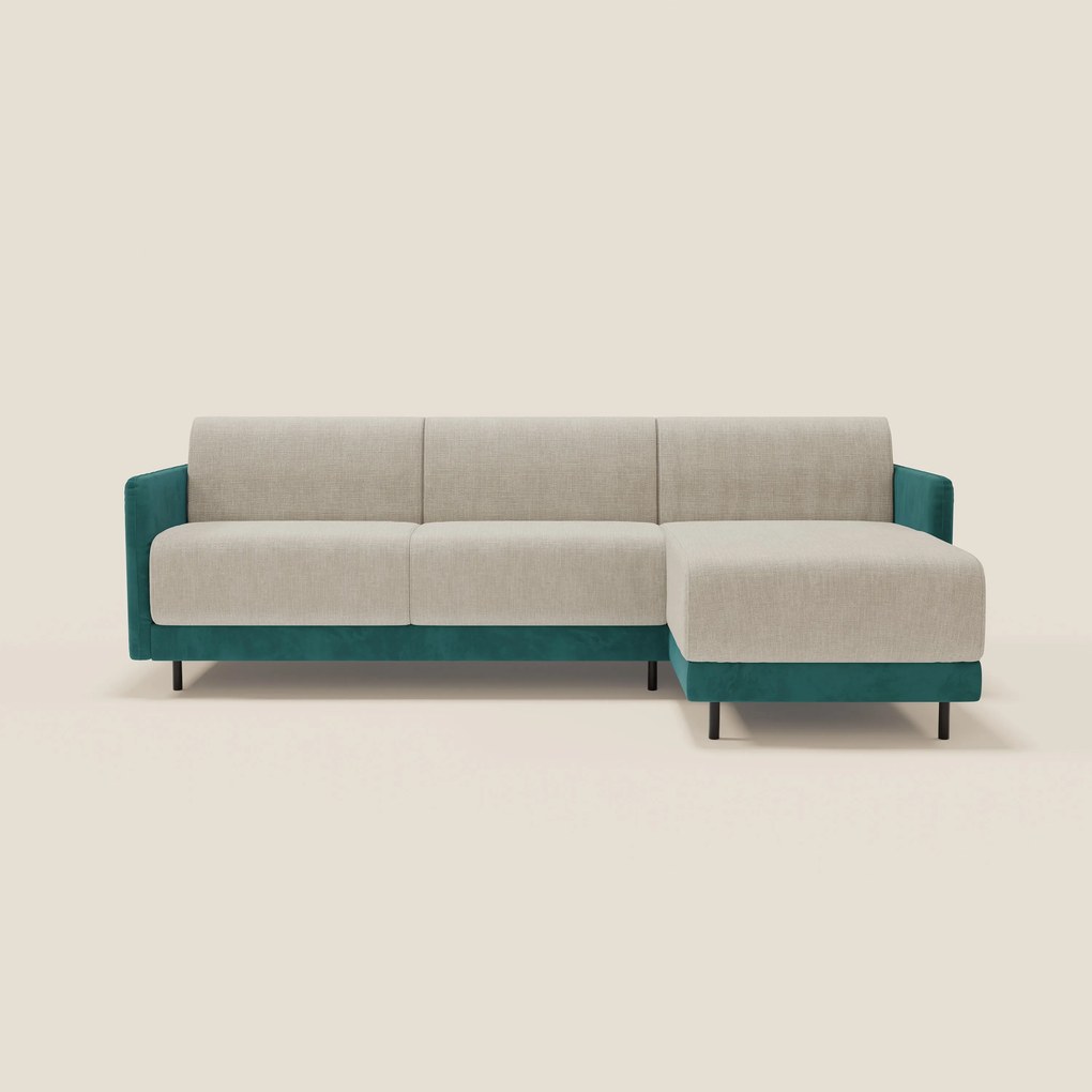 Narciso divano letto angolare con materasso alto 18 cm e penisola contenitore in tessuto bicolore impermeabile T11 e T06 petrolio - panna