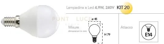 Kit 20pz lampadina led globo e14 4,9w470lm 4000k 300° 45x79mm 15000...