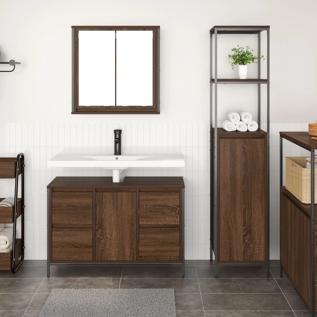 Set di mobili per bagno 2 pezzi in legno ingegnerizzato color noce