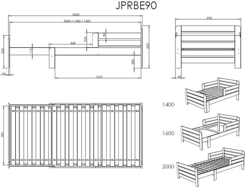 Letto da bambini regolabile bianco in pino massiccio con contenitore, materasso e rete inclusi Jumper - Vipack