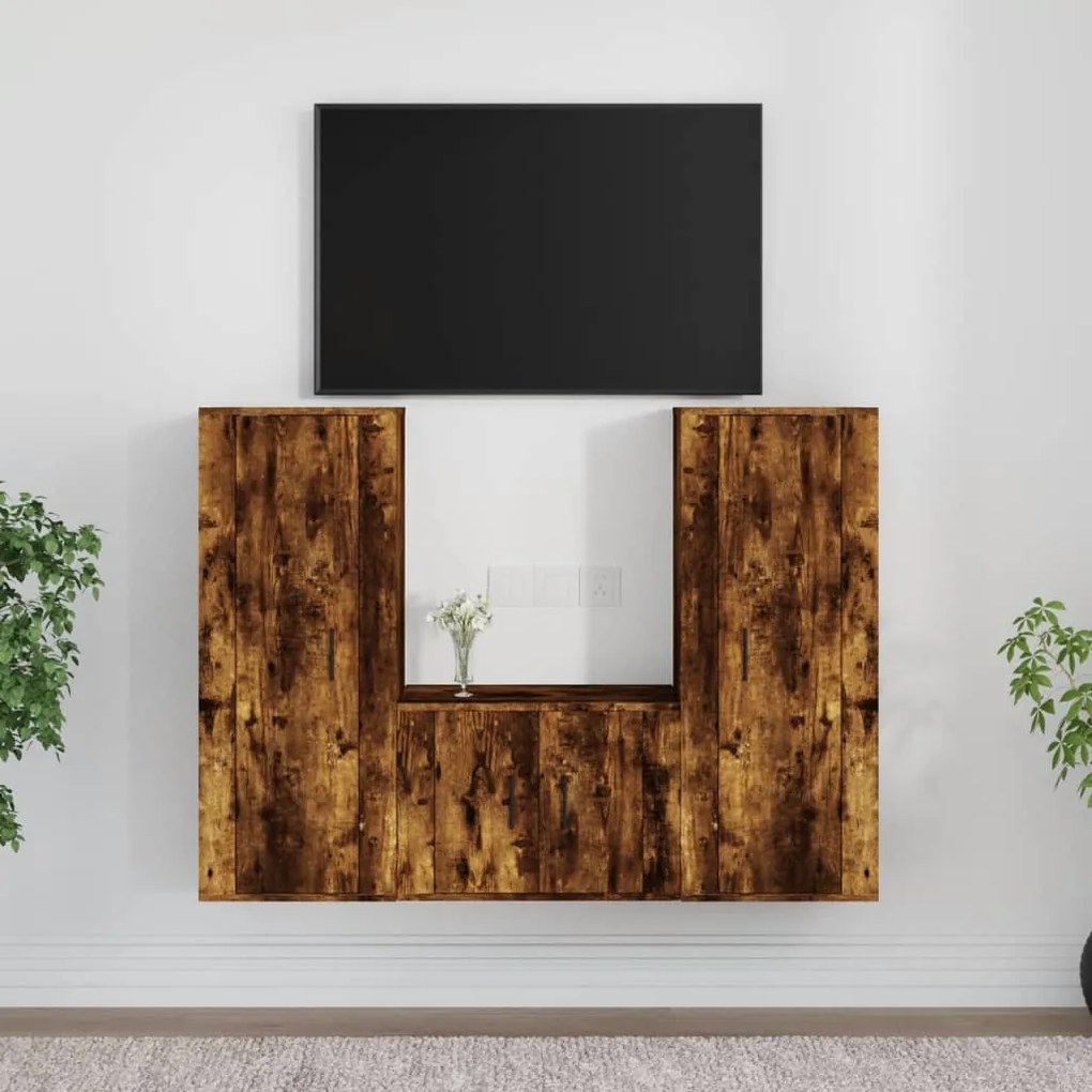 Set Mobili Porta Tv 3 Pz Rovere Fumo İn Legno Multistrato /
