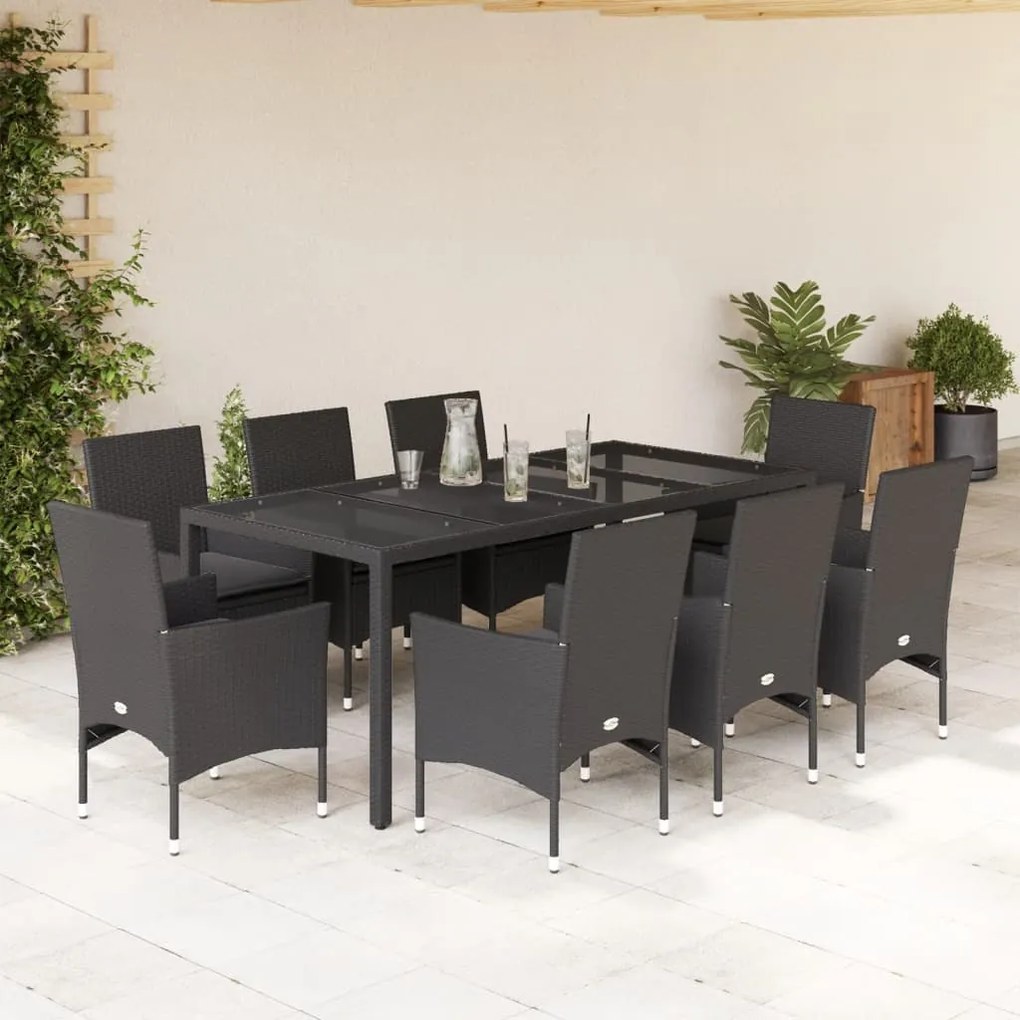 Set da pranzo da giardino 9 pz con cuscini polyrattan e vetro