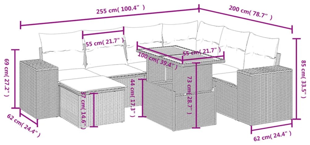 Set divano da giardino 8 pz con cuscini beige in polyrattan