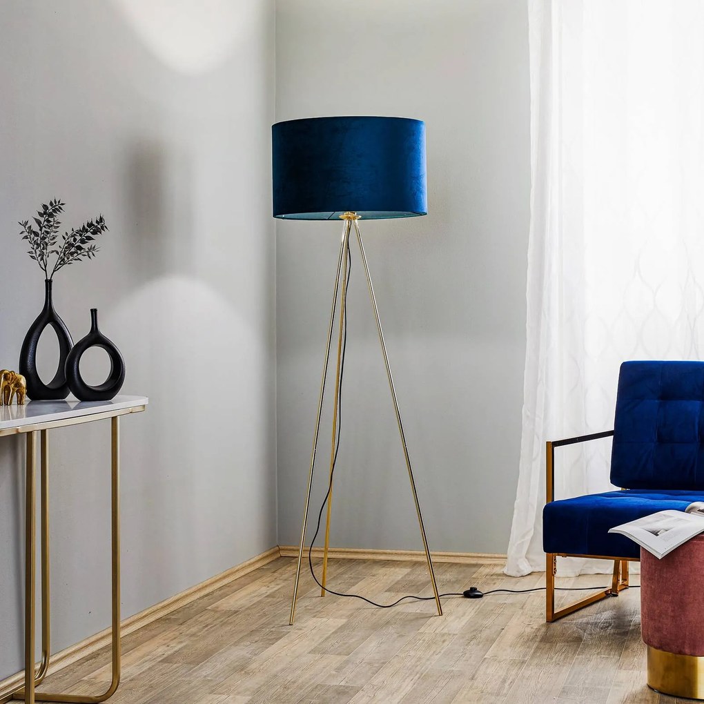 Domiluce Piantana Monaco, treppiede dorato, velluto blu