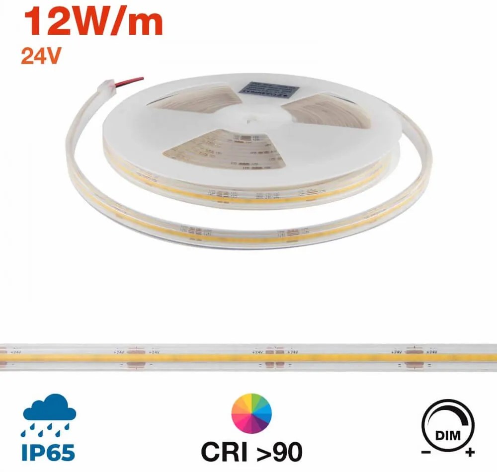 Striscia LED COB - IP65 - 12W/m - 5m - CRI90 - 24V Colore Bianco Freddo 5.700K