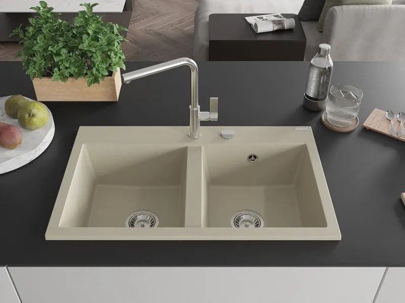 Mexen Hektor lavello in granito a 2 vasche 800 x 480 mm, beige, sifone cromato - 6521802000-69