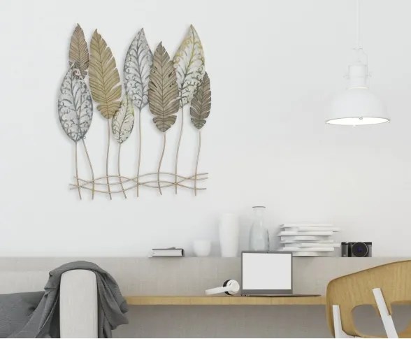 Pannello Decorativo In Ferro E Legno Foglie 75x2,5x87 Cm Oro E Argento Ver.C