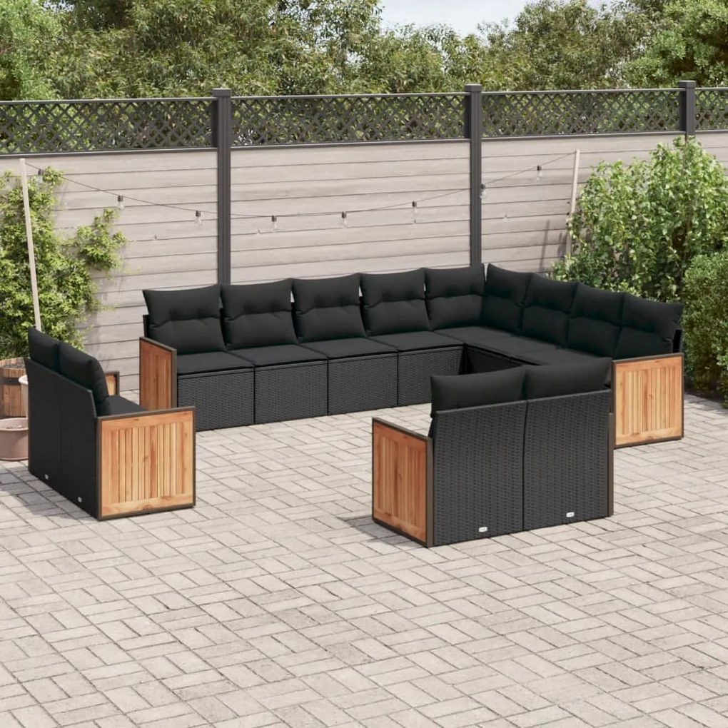 Set divani da giardino 12 pz con cuscini nero in polyrattan