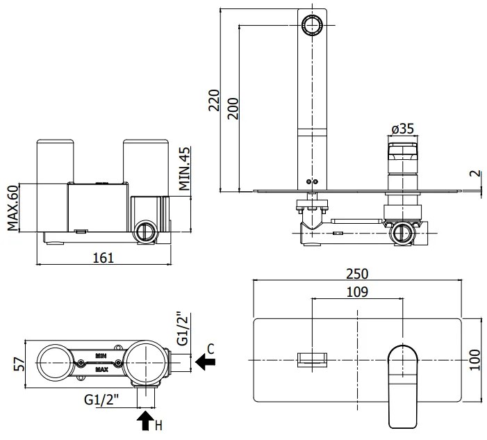 Paffoni Tilt Ti104cr Miscelatore lavabo Incasso 2 Fori Piastra Rettangolare E Bocca 15 cm Cromo