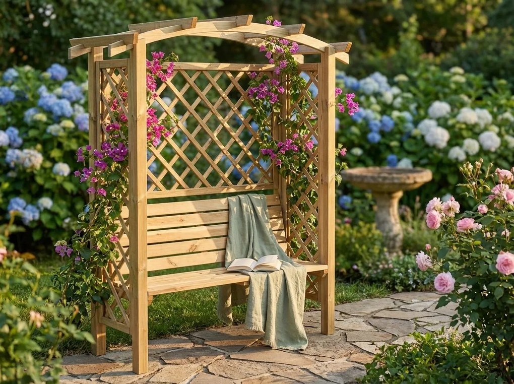 pergola ad arco con panca da giardino in legno di pino impregnato in autoclavex190h