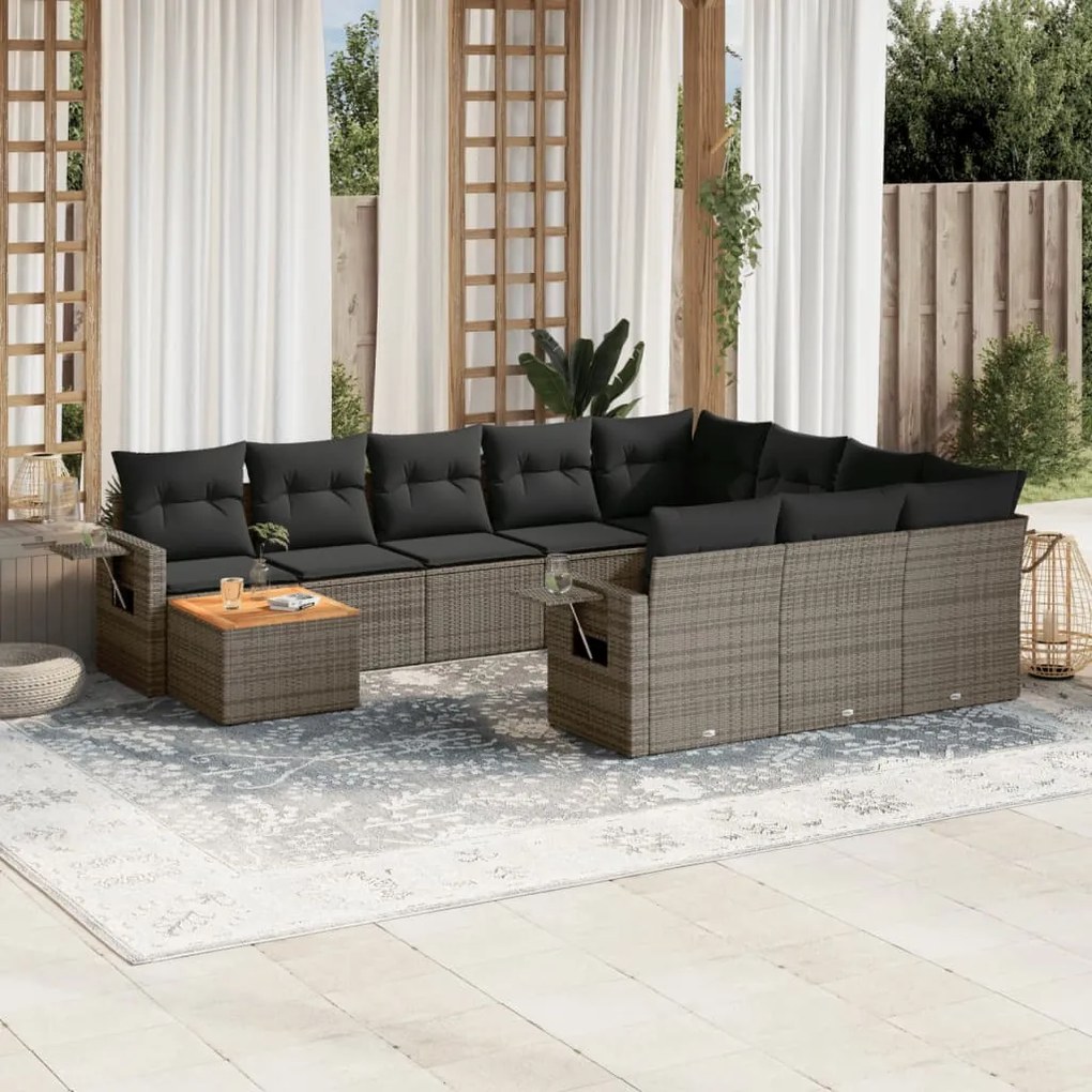 Set divani da giardino 11 pz con cuscini in polyrattan grigio