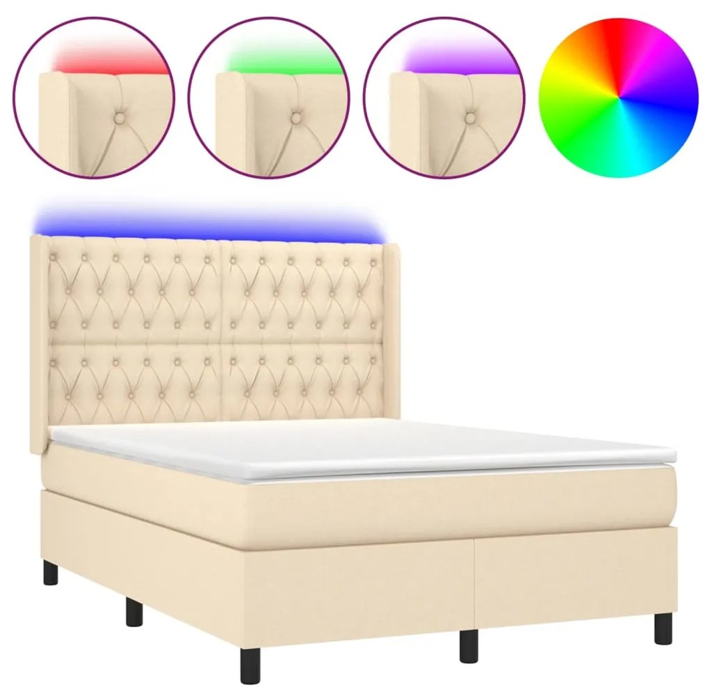 Letto a molle con materasso e led crema 140x190 cm in tessuto