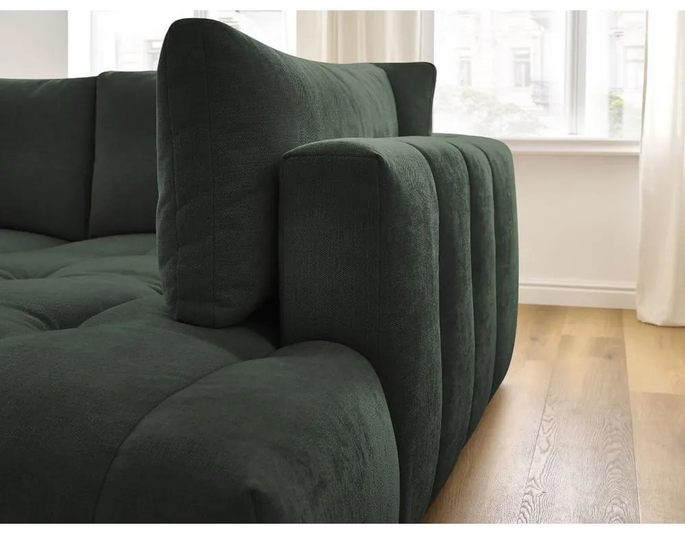 Divano angolare verde allungabile e con contenitore (penisola a destra/a L) con rivestimento in ciniglia Fuji – Bobochic Paris