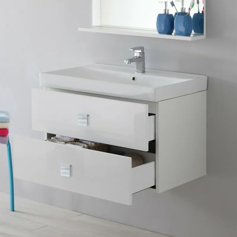 Mobile bagno sospeso 75x51 cm bianco laccato con due cassetti Bravo