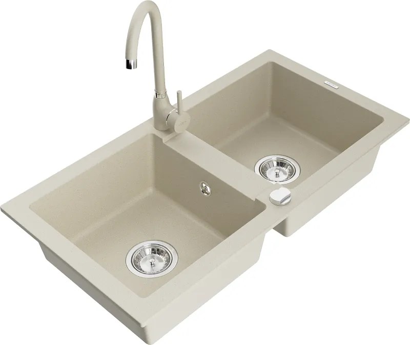 Mexen Mario lavello da cucina in granito a 2 vasche con rubinetto Telma, beige - 6504-69-670200-69